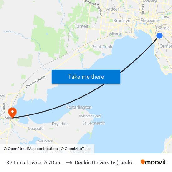 37-Lansdowne Rd/Dandenong Rd (Prahran) to Deakin University (Geelong Waterfront Campus) map