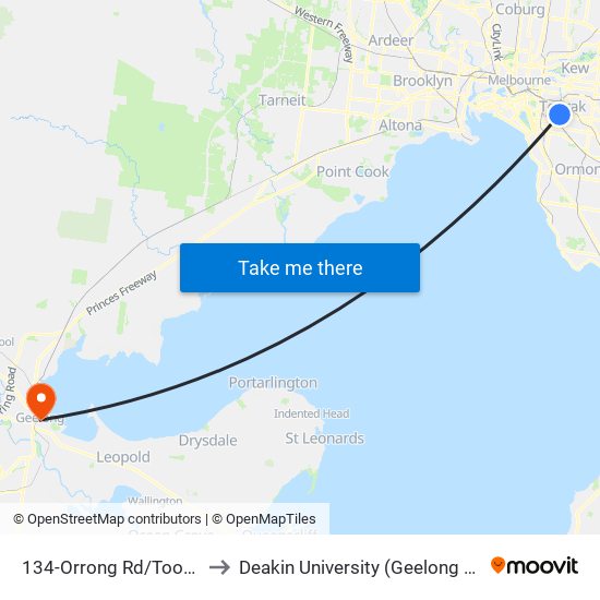 134-Orrong Rd/Toorak Rd (Toorak) to Deakin University (Geelong Waterfront Campus) map