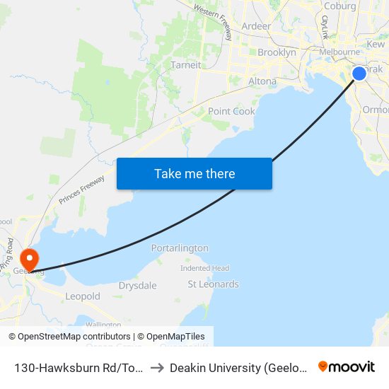 130-Hawksburn Rd/Toorak Rd (South Yarra) to Deakin University (Geelong Waterfront Campus) map