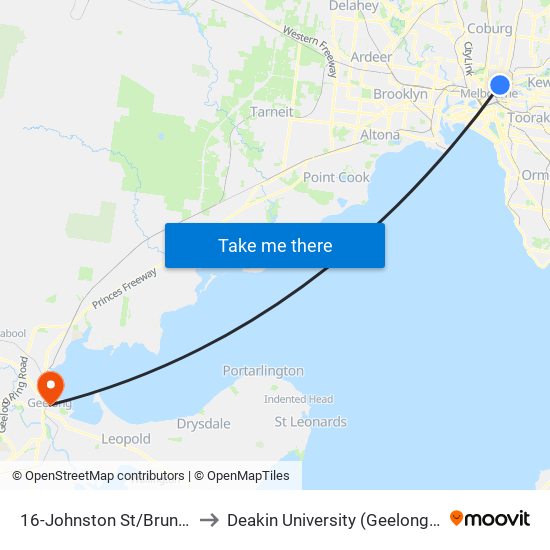 16-Johnston St/Brunswick St (Fitzroy) to Deakin University (Geelong Waterfront Campus) map