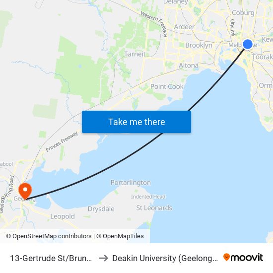 13-Gertrude St/Brunswick St (Fitzroy) to Deakin University (Geelong Waterfront Campus) map