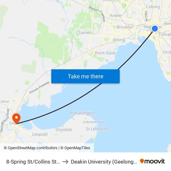 8-Spring St/Collins St (Melbourne City) to Deakin University (Geelong Waterfront Campus) map