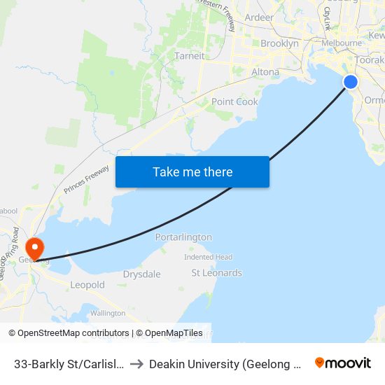 33-Barkly St/Carlisle St (St Kilda) to Deakin University (Geelong Waterfront Campus) map