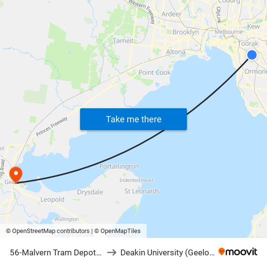 56-Malvern Tram Depot/Glenferrie Rd (Malvern) to Deakin University (Geelong Waterfront Campus) map