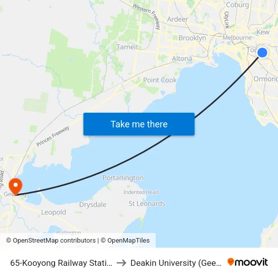 Kooyong Railway Station/Glenferrie Rd #65 to Deakin University (Geelong Waterfront Campus) map