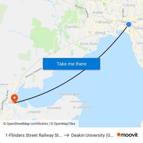 1-Flinders Street Railway Station/Elizabeth St (Melbourne City) to Deakin University (Geelong Waterfront Campus) map