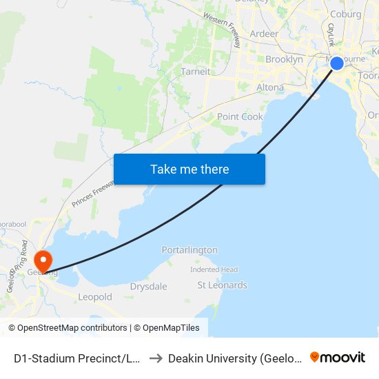 D1-Stadium Precinct/La Trobe St (Docklands) to Deakin University (Geelong Waterfront Campus) map