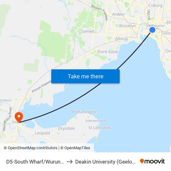 D5-South Wharf/Wurundjeri Way (Docklands) to Deakin University (Geelong Waterfront Campus) map