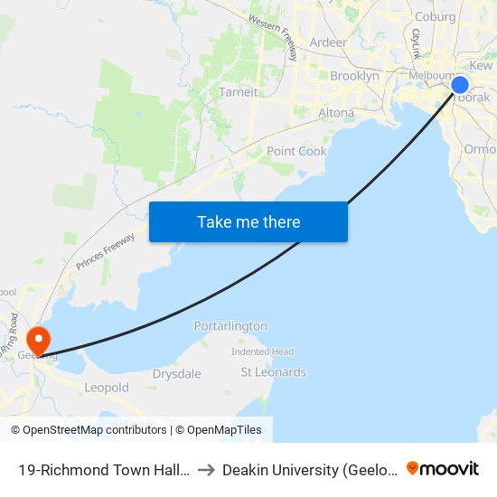 19-Richmond Town Hall/Bridge Rd (Richmond) to Deakin University (Geelong Waterfront Campus) map