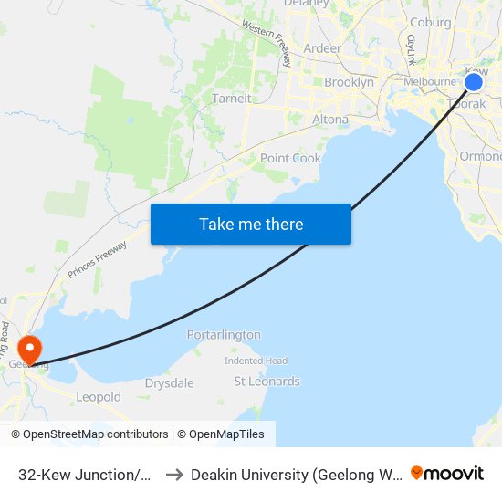 32-Kew Junction/High St (Kew) to Deakin University (Geelong Waterfront Campus) map