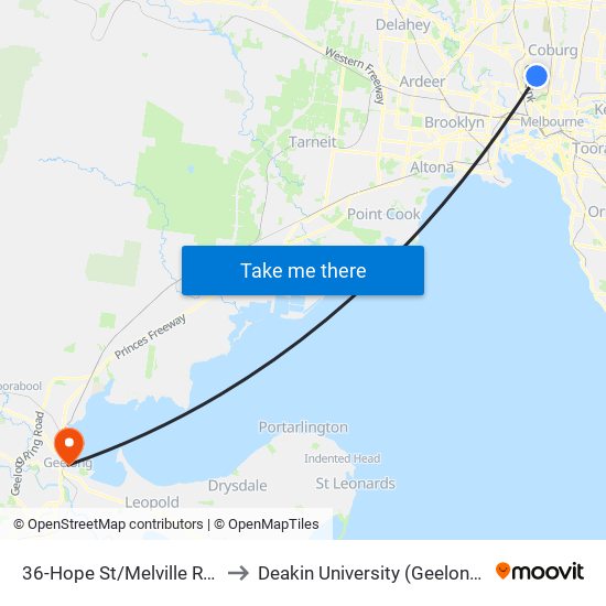 36-Hope St/Melville Rd (Brunswick West) to Deakin University (Geelong Waterfront Campus) map