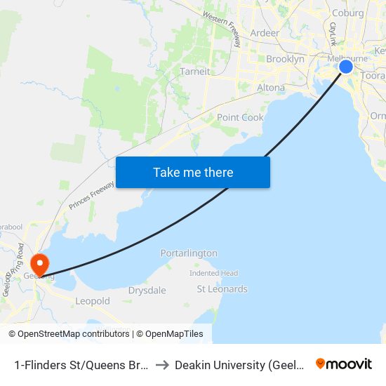 1-Flinders St/Queens Bridge St (Melbourne City) to Deakin University (Geelong Waterfront Campus) map