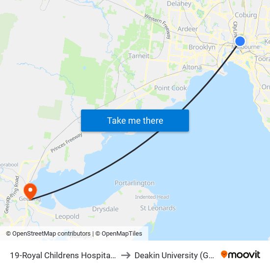 19-Royal Childrens Hospital/Flemington Rd (North Melbourne) to Deakin University (Geelong Waterfront Campus) map