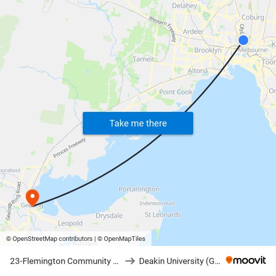 23-Flemington Community Centre/Mt Alexander Rd (Flemington) to Deakin University (Geelong Waterfront Campus) map