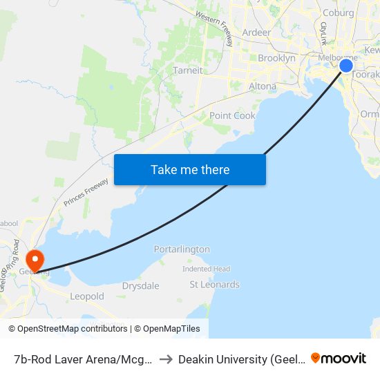 7b-Rod Laver Arena/Mcg Gates 1-3 (Melbourne City) to Deakin University (Geelong Waterfront Campus) map