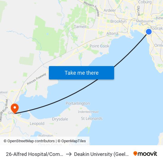 26-Alfred Hospital/Commercial Rd (South Yarra) to Deakin University (Geelong Waterfront Campus) map