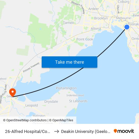 26-Alfred Hospital/Commercial Rd (Prahran) to Deakin University (Geelong Waterfront Campus) map