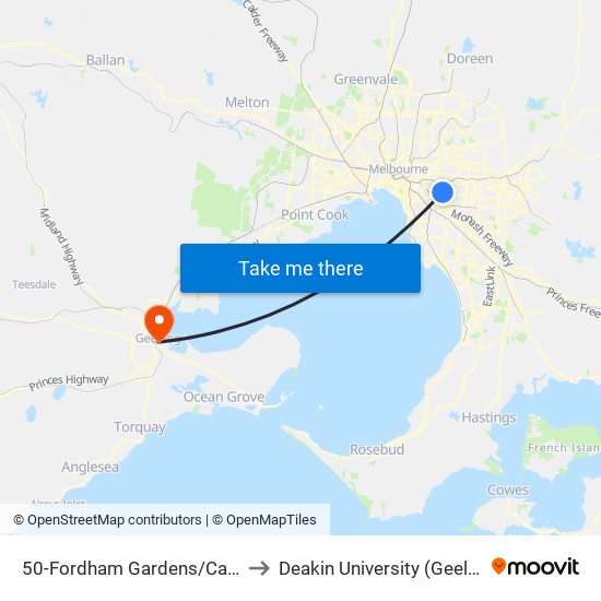 50-Fordham Gardens/Camberwell Rd (Camberwell) to Deakin University (Geelong Waterfront Campus) map