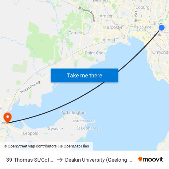 39-Thomas St/Cotham Rd (Kew) to Deakin University (Geelong Waterfront Campus) map
