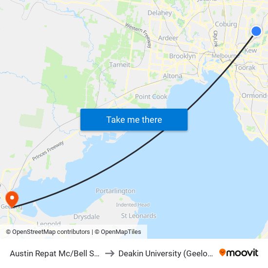 Austin Repat Mc/Bell St (Heidelberg Heights) to Deakin University (Geelong Waterfront Campus) map