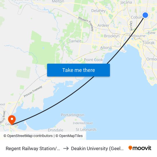 Regent Railway Station/Robinson Rd (Reservoir) to Deakin University (Geelong Waterfront Campus) map