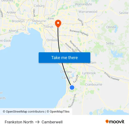 Frankston North to Camberwell map