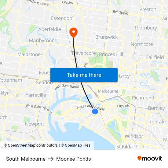 South Melbourne to Moonee Ponds map