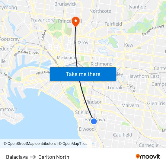 Balaclava to Carlton North map