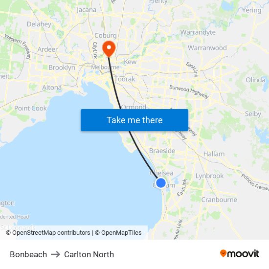 Bonbeach to Carlton North map