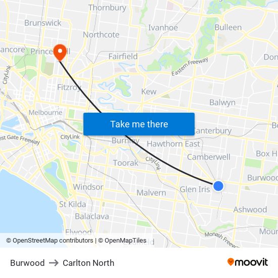 Burwood to Carlton North map