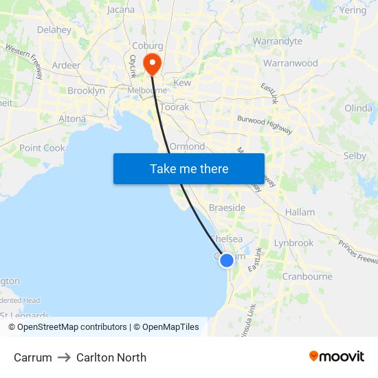 Carrum to Carlton North map