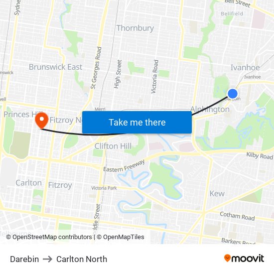 Darebin to Carlton North map