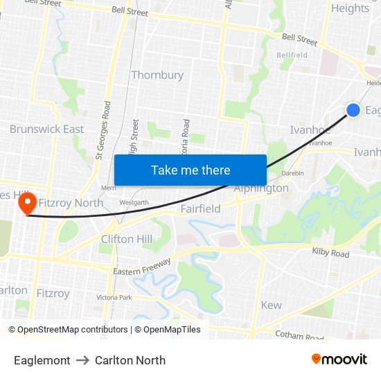 Eaglemont to Carlton North map