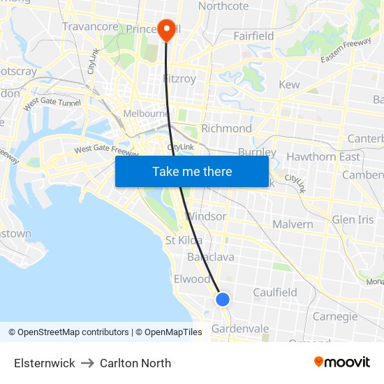 Elsternwick to Carlton North map