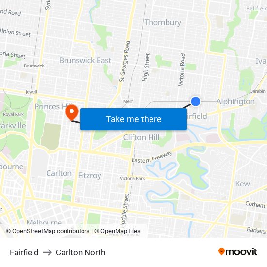 Fairfield to Carlton North map