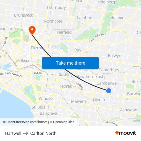 Hartwell to Carlton North map