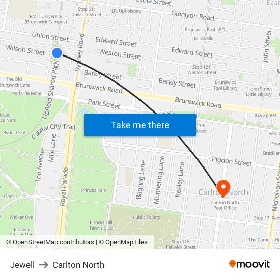 Jewell to Carlton North map