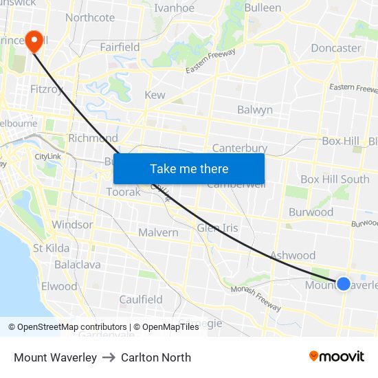 Mount Waverley to Carlton North map