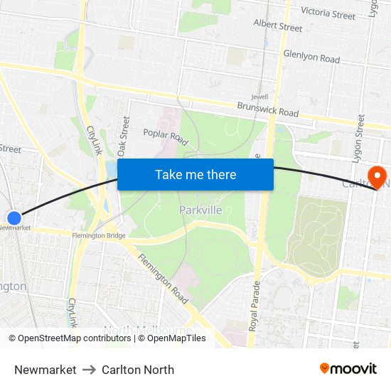 Newmarket to Carlton North map