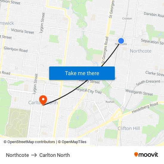 Northcote to Carlton North map