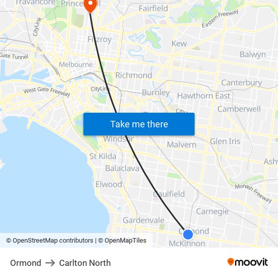 Ormond to Carlton North map