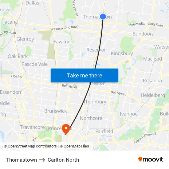 Thomastown to Carlton North map