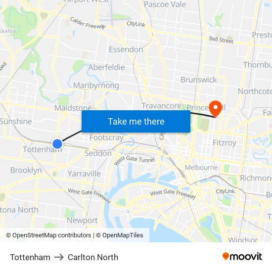 Tottenham to Carlton North map