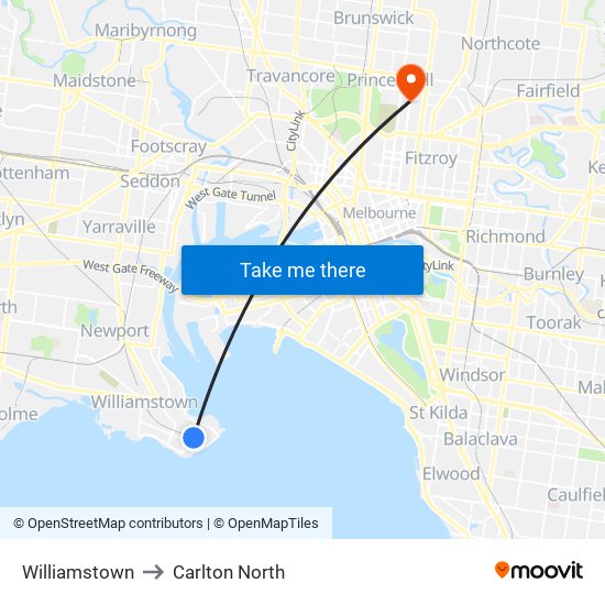 Williamstown to Carlton North map