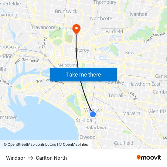 Windsor to Carlton North map