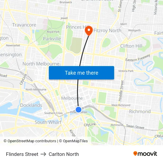 Flinders Street to Carlton North map