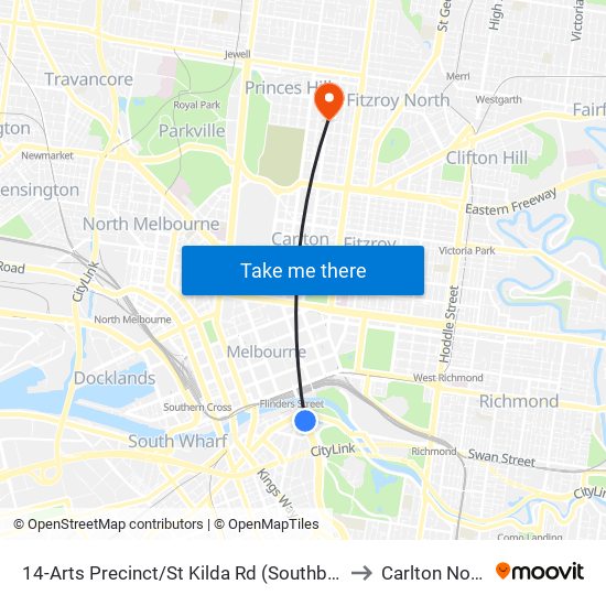 14-Arts Precinct/St Kilda Rd (Southbank) to Carlton North map