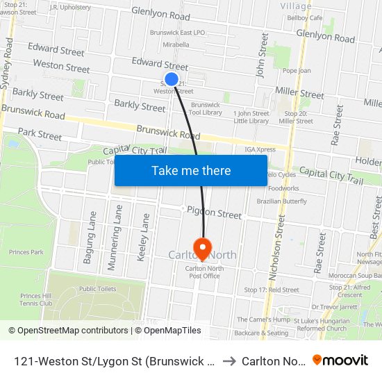 121-Weston St/Lygon St (Brunswick East) to Carlton North map