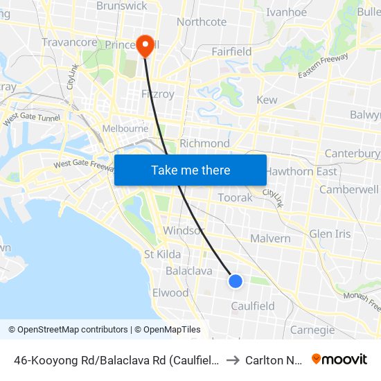 46-Kooyong Rd/Balaclava Rd (Caulfield North) to Carlton North map