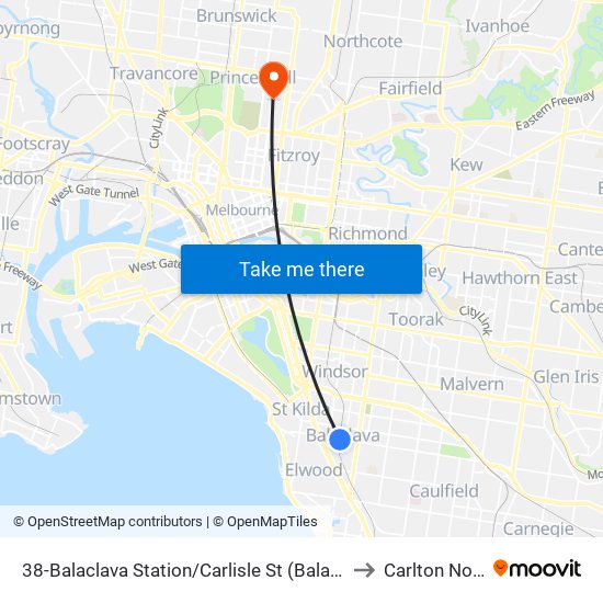 38-Balaclava Station/Carlisle St (Balaclava) to Carlton North map